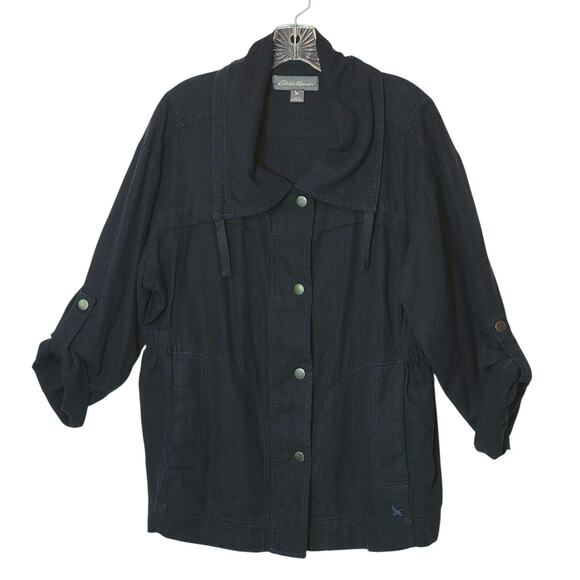 Eddie Bauer Blue Linen Blend Utility Jacket Lightweight Casual Classic Sporty L - Picture 1 of 11